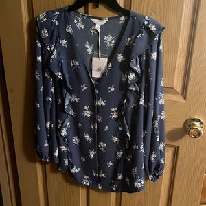 Lauren Conrad, long sleeve, blue blouse with floral details. Size XL